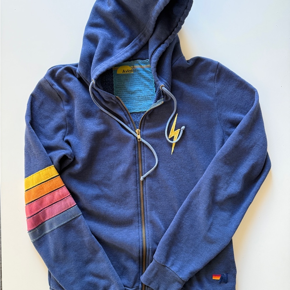Aviator Nation Navy Zip-Up Hoodie with Yellow, Orange & Pink Stripe Sleeve